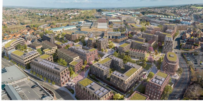 A CGI image of buildings, many of them with green roofs. Image courtesy of ADP Architecture