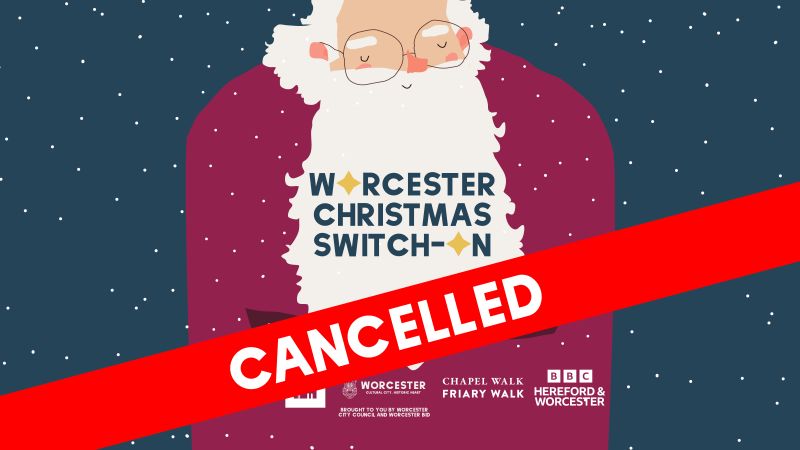 An animated image of Father Christmas. A caption reads, "Worcester Christmas switch-on. Cancelled"