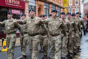 Members of the military marching in Worcester