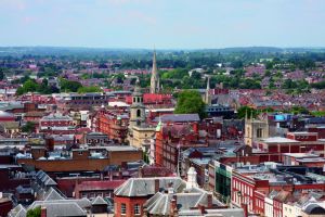 Aerial photo of Worcester's rooftops