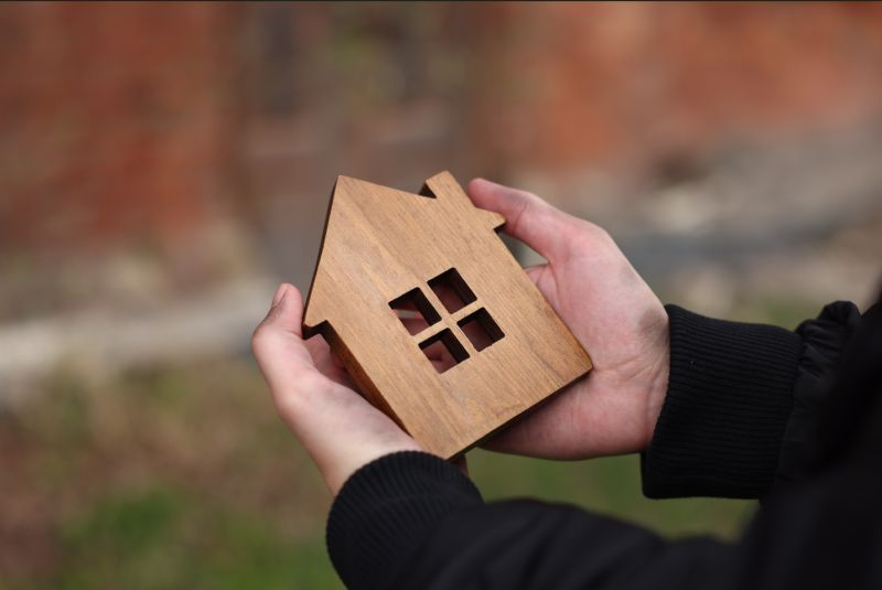 A pair of hands holding a wooden model of a house