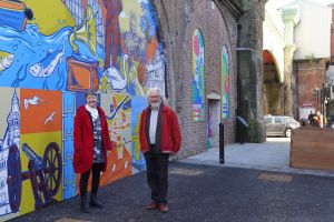At the newly opened walkway is (l-r): Councillor Lynn Denham, Worcester City Council Leader; and Councillor Adrian Gregson, Chair of the Arches Steering Group