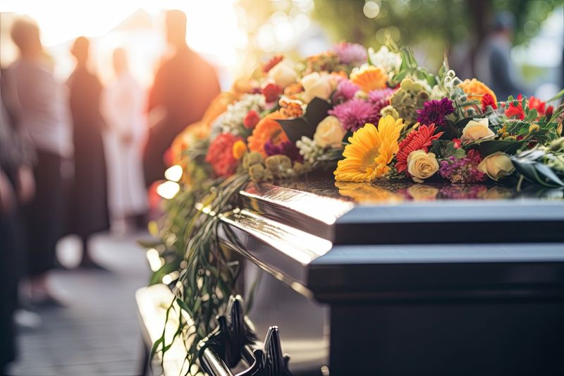 A coffin covered in floral wreaths