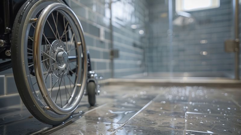 A wheelchair in a bathroom with a level-access shower