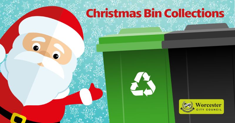 A cartoon-style image of Father Christmas standing next to green and black wheelie bins in a snow-covered landscape