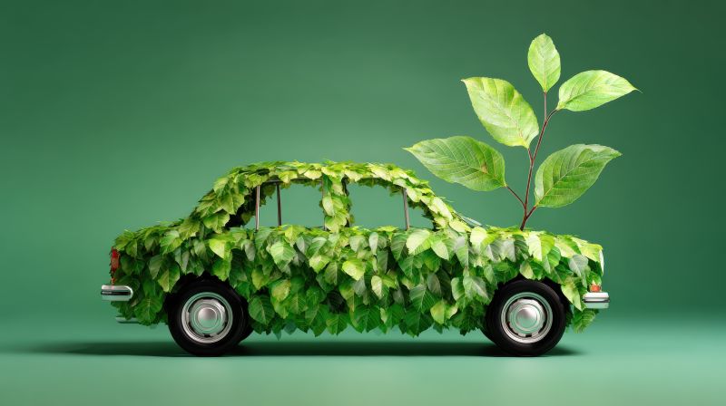 A car covered in green leaves