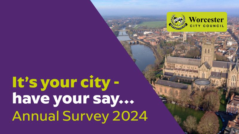 A photo of Worcester viewed from the air, with the caption "It's your city - have your say. Annual Survey 2024"